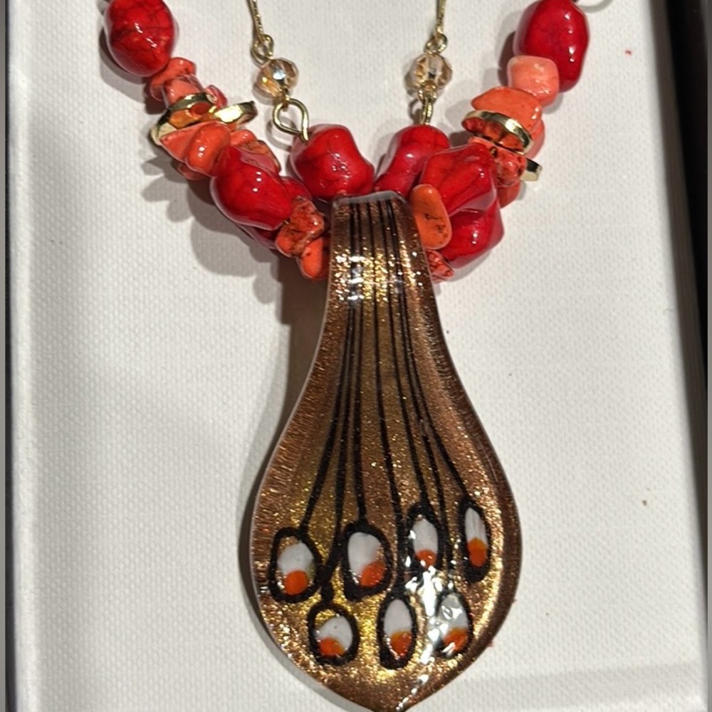 NEW in Box MIXIT Coral Orange Statement Necklace & Earrings Set | Leather Cord - Picture 4 of 6